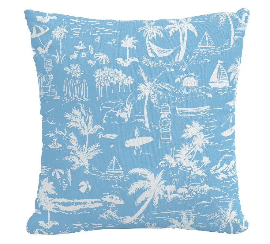Blue Beach Toile Outdoor Pillow