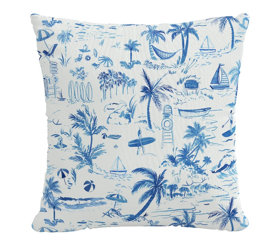 Navy Beach Toile Outdoor Pillow