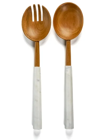 Wood and Marble Salad Servers