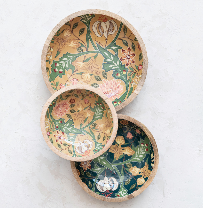 Floral Design Mango Wood Bowls
