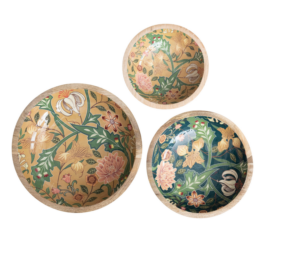 Floral Design Mango Wood Bowls
