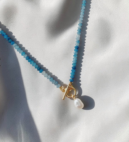 Crete Blue Aventurine Pearl Toggle GF Necklace